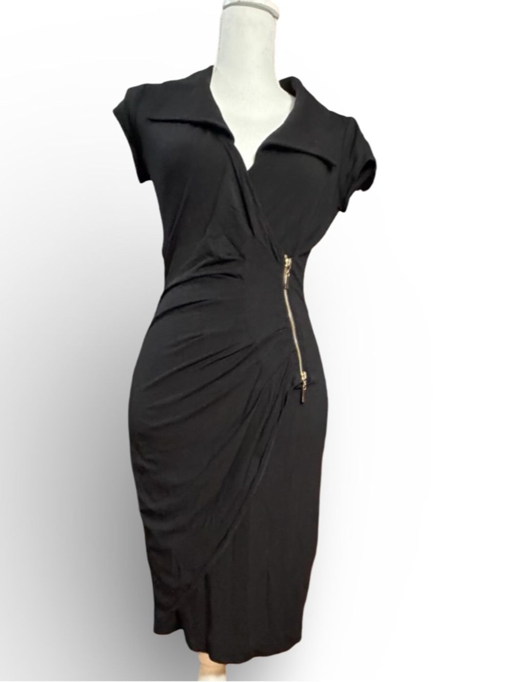 Vintage Caché Black Ruched Faux Wrap Dress Gold Zipper Bodycon Office Siren XS
